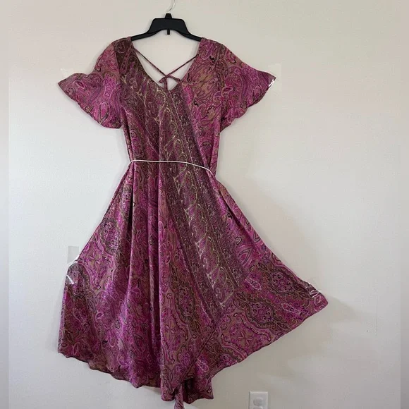 Bohemian flared paisley pink maxi dress one size 100% Viscose - Picture 14 of 17